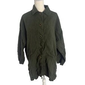 Cut Loose Olive Green Linen Tunic Dress Button‎ Front  Medium Pockets Lagenlook